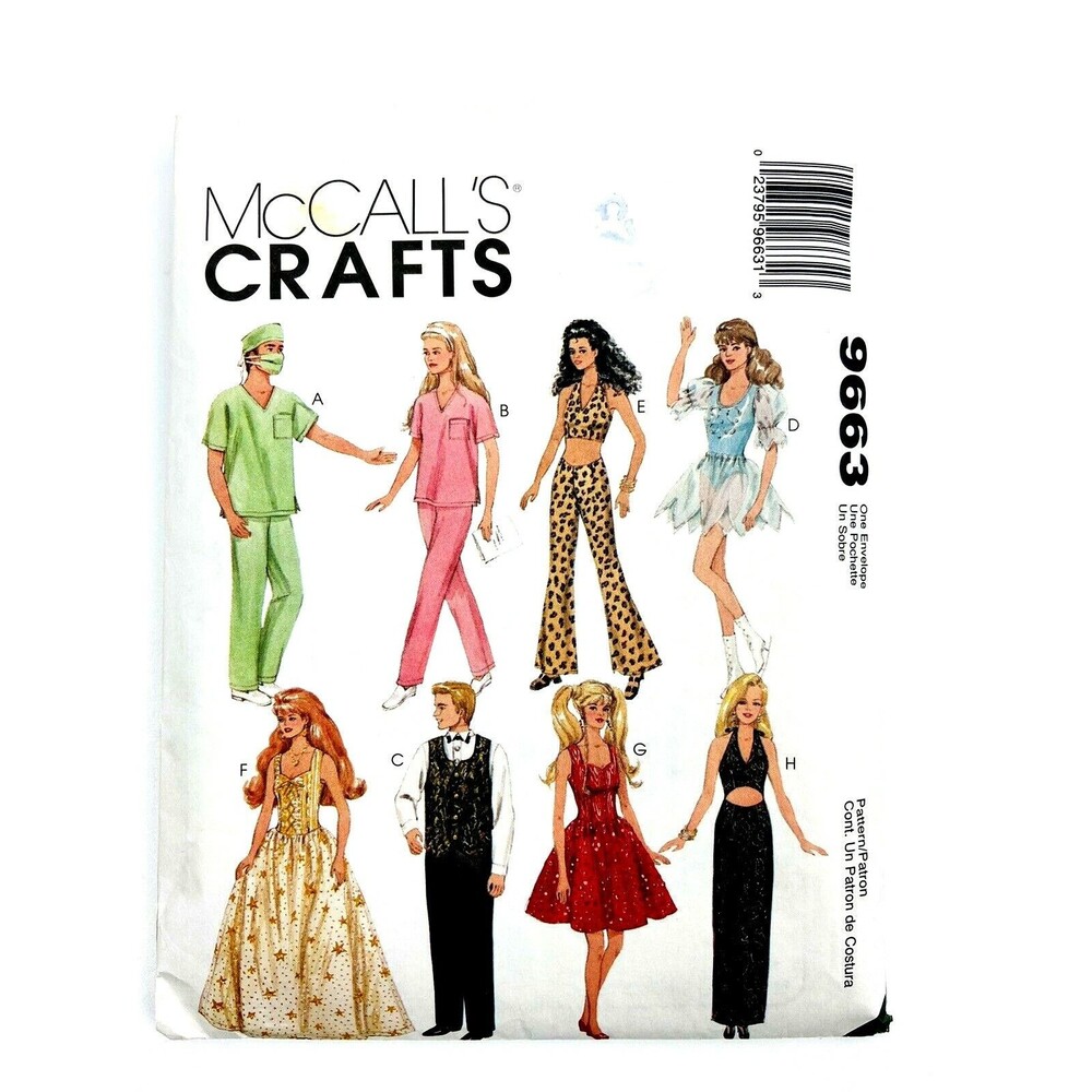 McCalls Pattern 9663 11.5" Doll Scrubs Gown Ice Skating Dress, Gown, Tux Vest